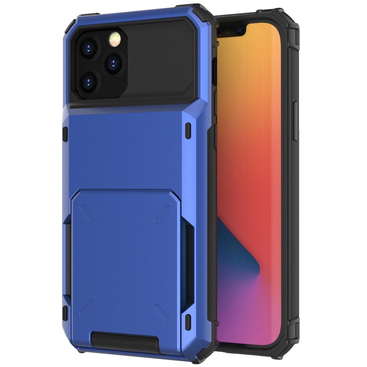 Funda para teléfono con bolsillo oculto y tarjetero para hombres en azul para iPhone 13/14