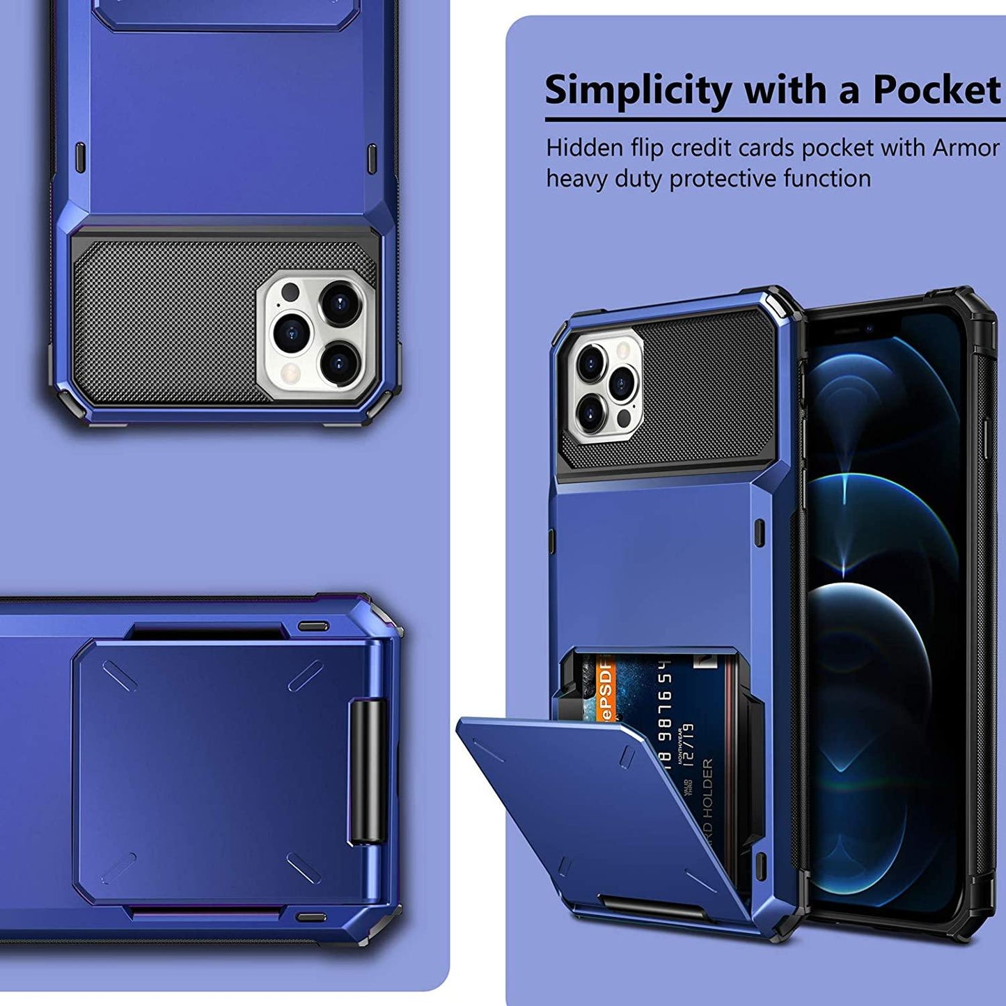 Funda para teléfono con bolsillo oculto y tarjetero para hombres en azul para iPhone 13/14