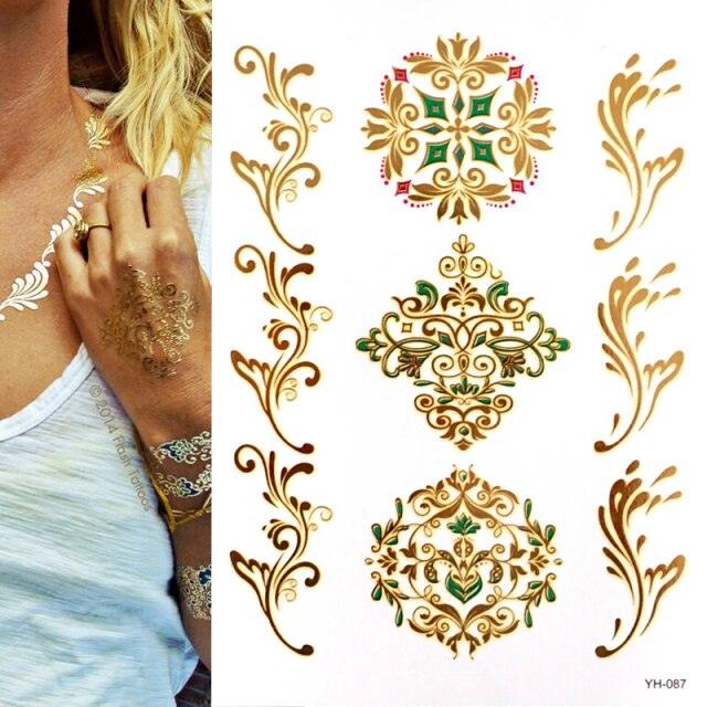 Tatouages temporaires pailletés or et argent - Imperméables et non toxiques