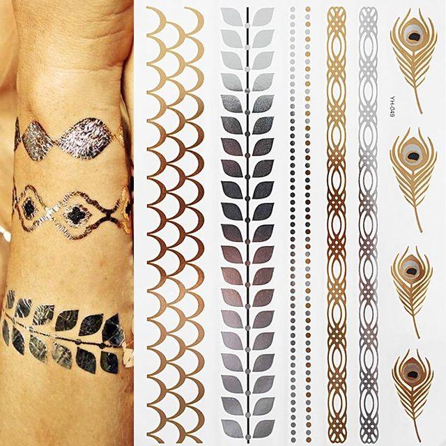 Tatouages temporaires pailletés or et argent - Imperméables et non toxiques