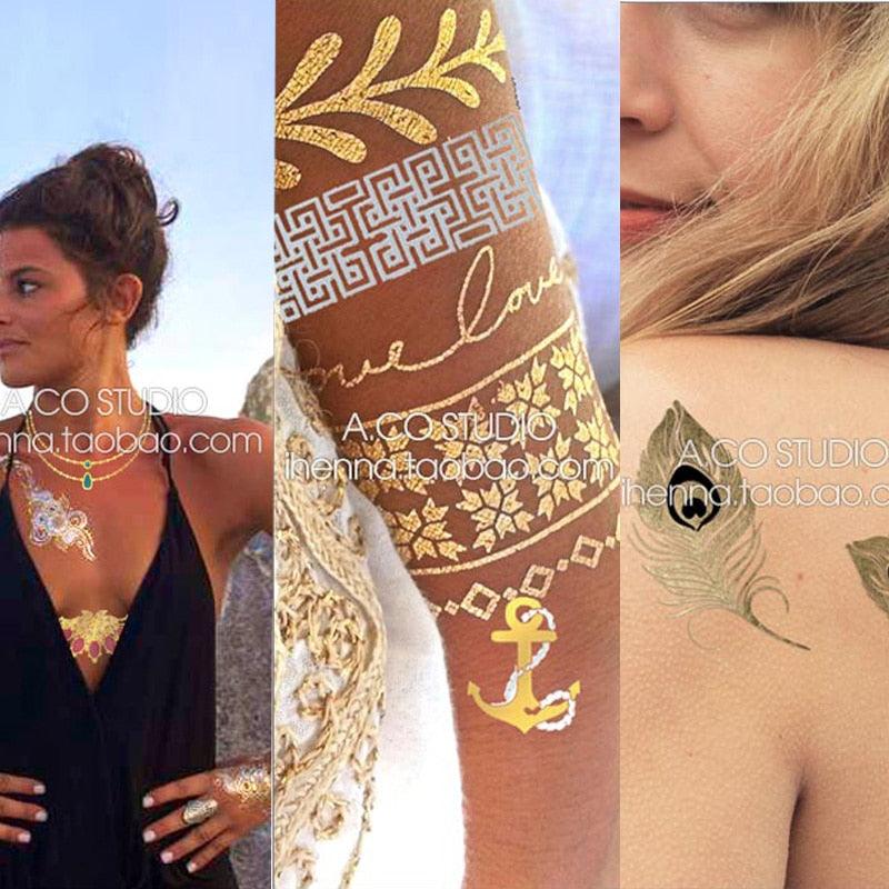 Tatouages temporaires pailletés or et argent - Imperméables et non toxiques