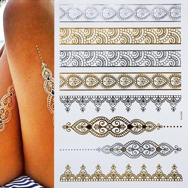 Tatouages temporaires pailletés or et argent - Imperméables et non toxiques