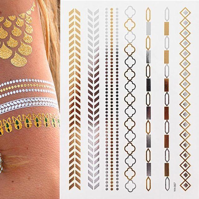 Tatouages temporaires pailletés or et argent - Imperméables et non toxiques