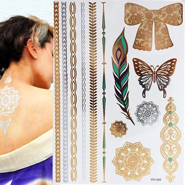 Tatouages temporaires pailletés or et argent - Imperméables et non toxiques