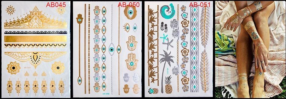 Tatouages temporaires pailletés or et argent - Imperméables et non toxiques