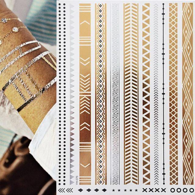 Tatouages temporaires pailletés or et argent - Imperméables et non toxiques
