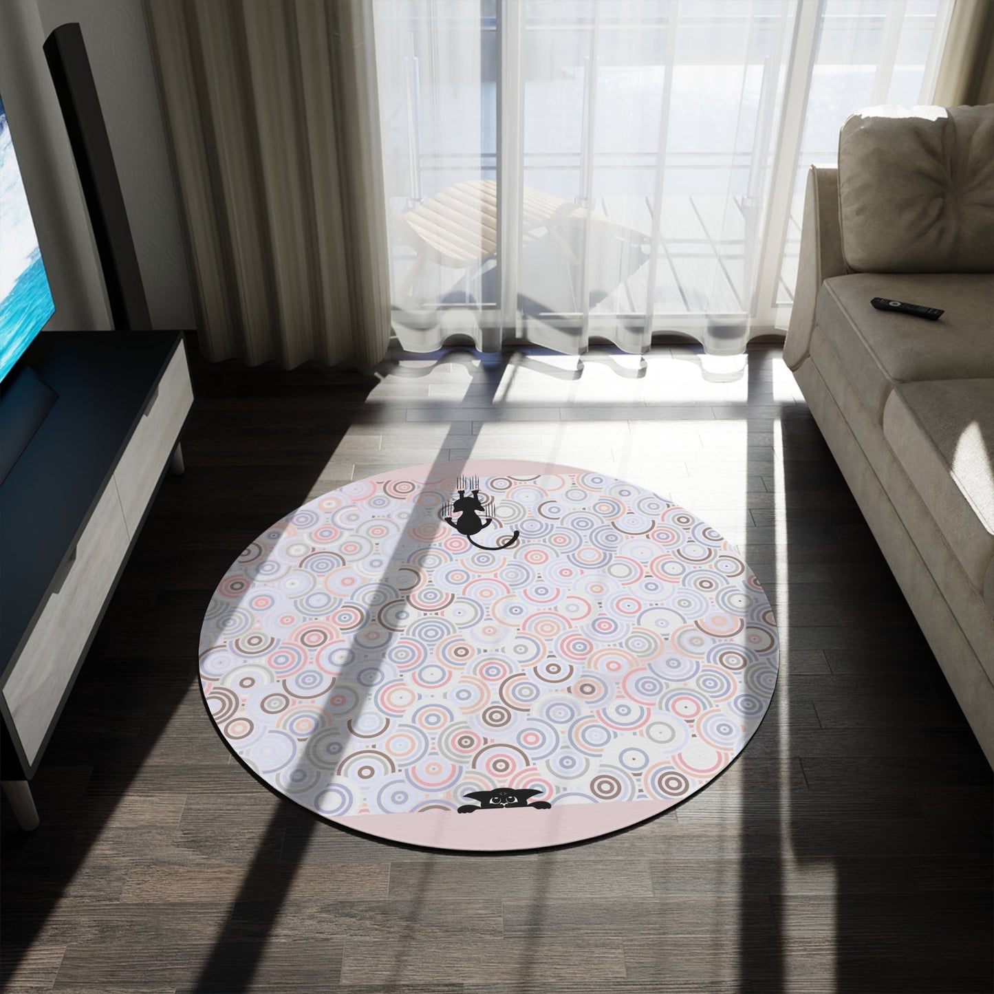 Vibrant Bohemian Round Rug with Playful Kitty Design - Korvel