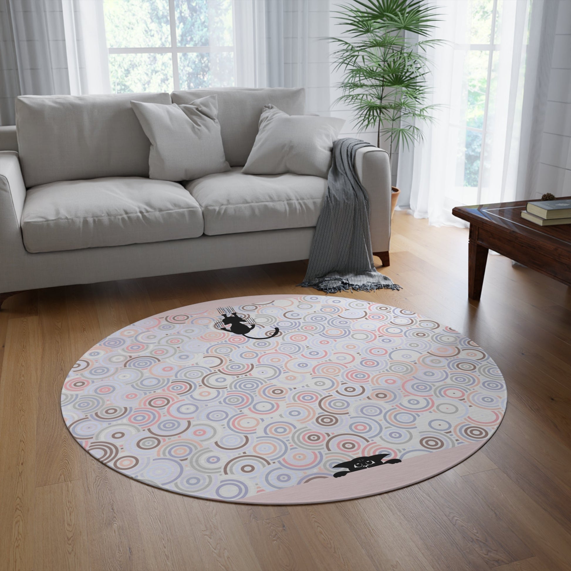 Vibrant Bohemian Round Rug with Playful Kitty Design - Korvel