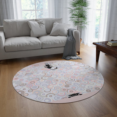 Vibrant Bohemian Round Rug with Playful Kitty Design - Korvel