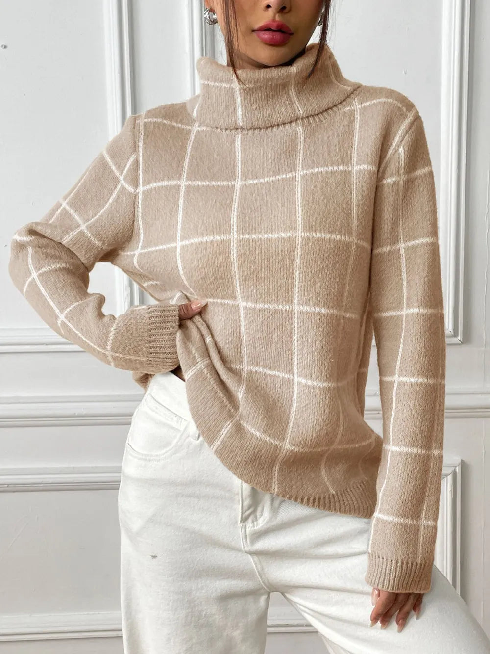 Bottom layer shirt contrasting plaid high neck sweater top - Korvel