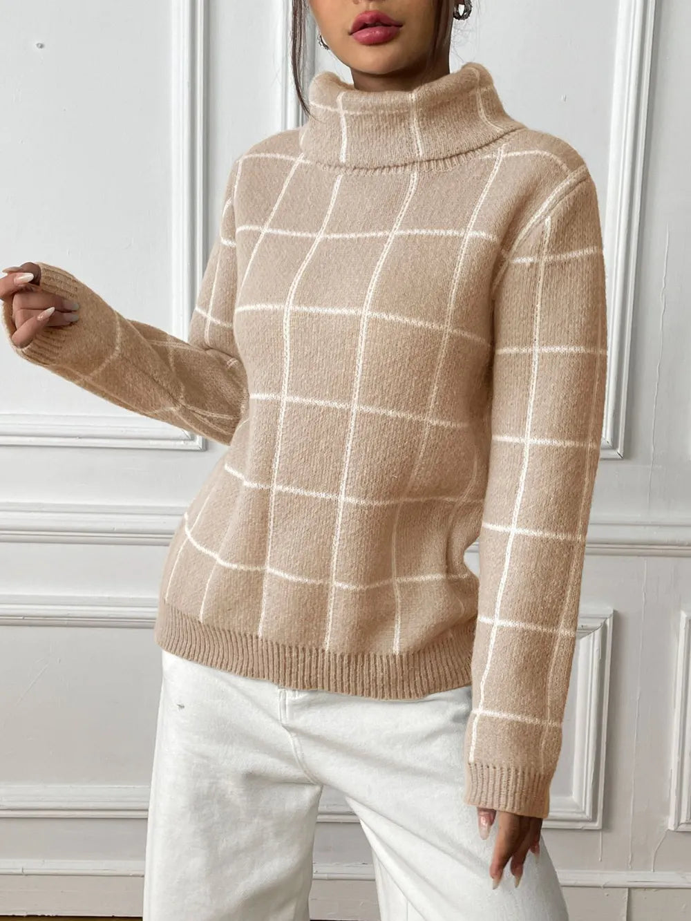 Bottom layer shirt contrasting plaid high neck sweater top - Korvel
