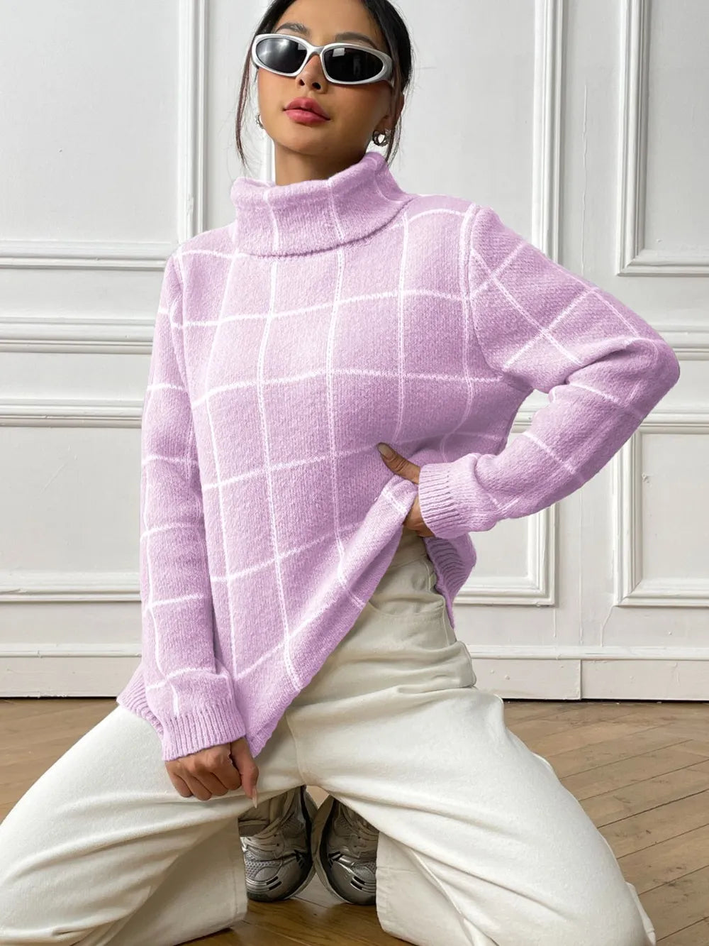 Bottom layer shirt contrasting plaid high neck sweater top - Korvel
