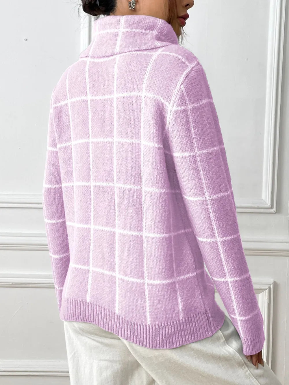 Bottom layer shirt contrasting plaid high neck sweater top - Korvel