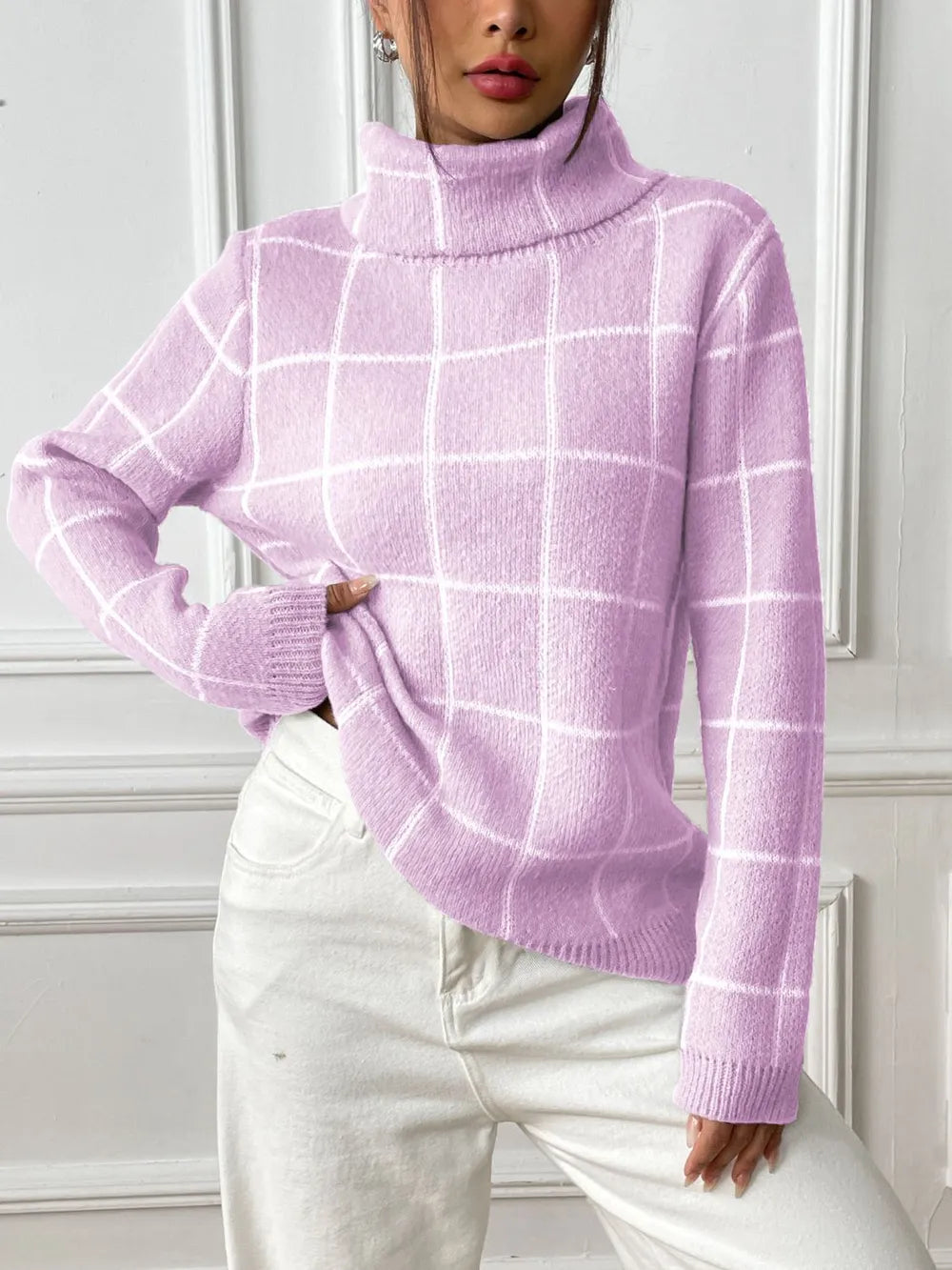 Bottom layer shirt contrasting plaid high neck sweater top - Korvel