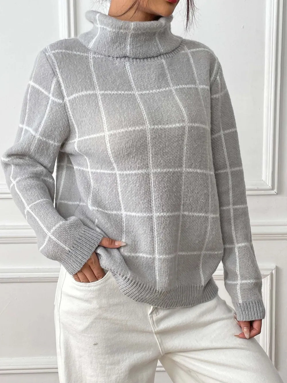 Bottom layer shirt contrasting plaid high neck sweater top - Korvel
