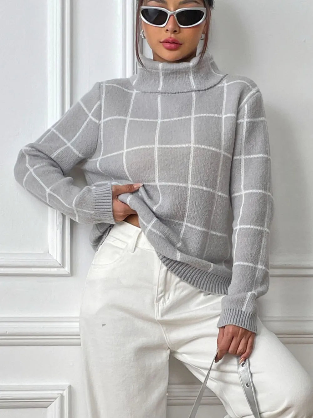 Bottom layer shirt contrasting plaid high neck sweater top - Korvel