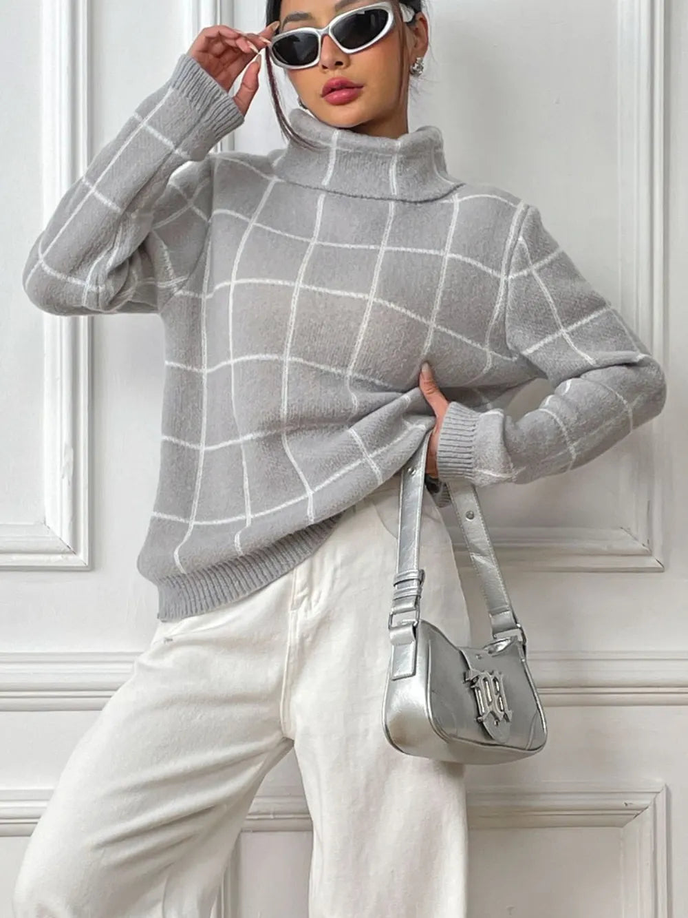 Bottom layer shirt contrasting plaid high neck sweater top - Korvel
