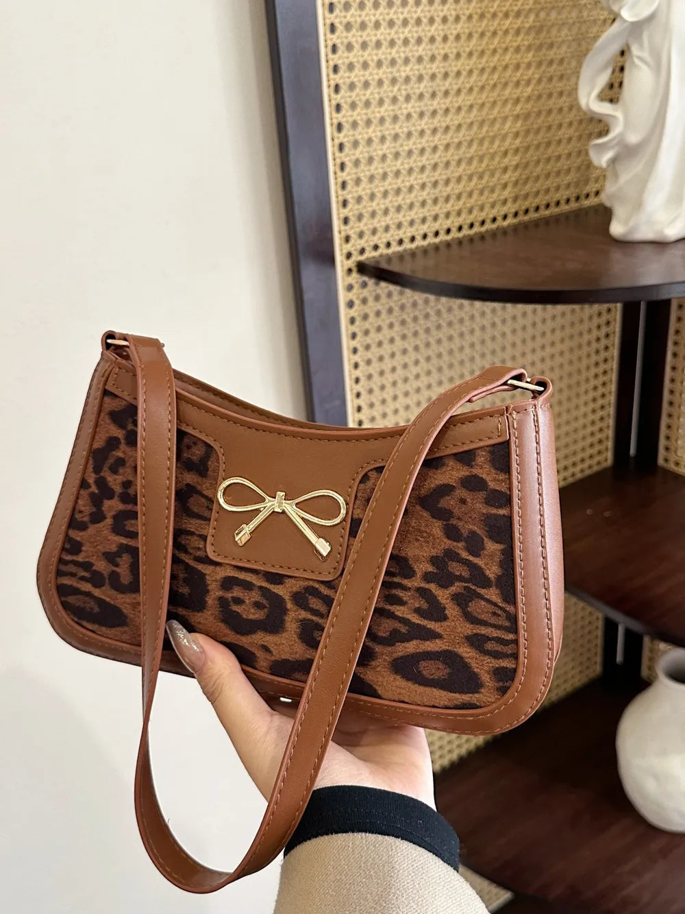 Bow Leopard PU Leather Crossbody Handbag