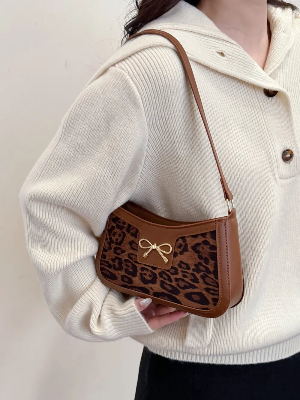 Bow Leopard PU Leather Crossbody Handbag