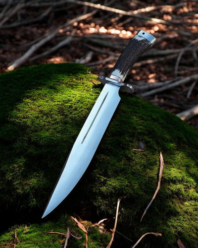 Premium 18-Inch Bowie Knife with Custom Leather Sheath – D2 Steel & Stag Horn Handle - Korvel