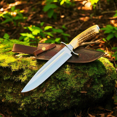 Premium Custom Bowie Knife – 13" D2 Steel Blade with Unique Antler Handle & Leather Sheath - Korvel