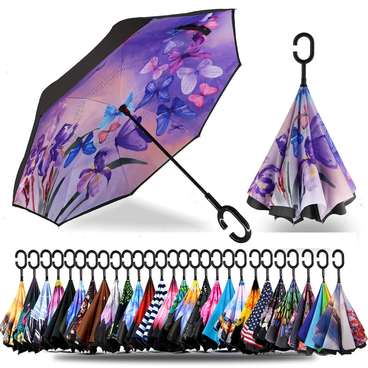 SIEPASA Inverted Reverse Umbrella - Blue Butterfly Design