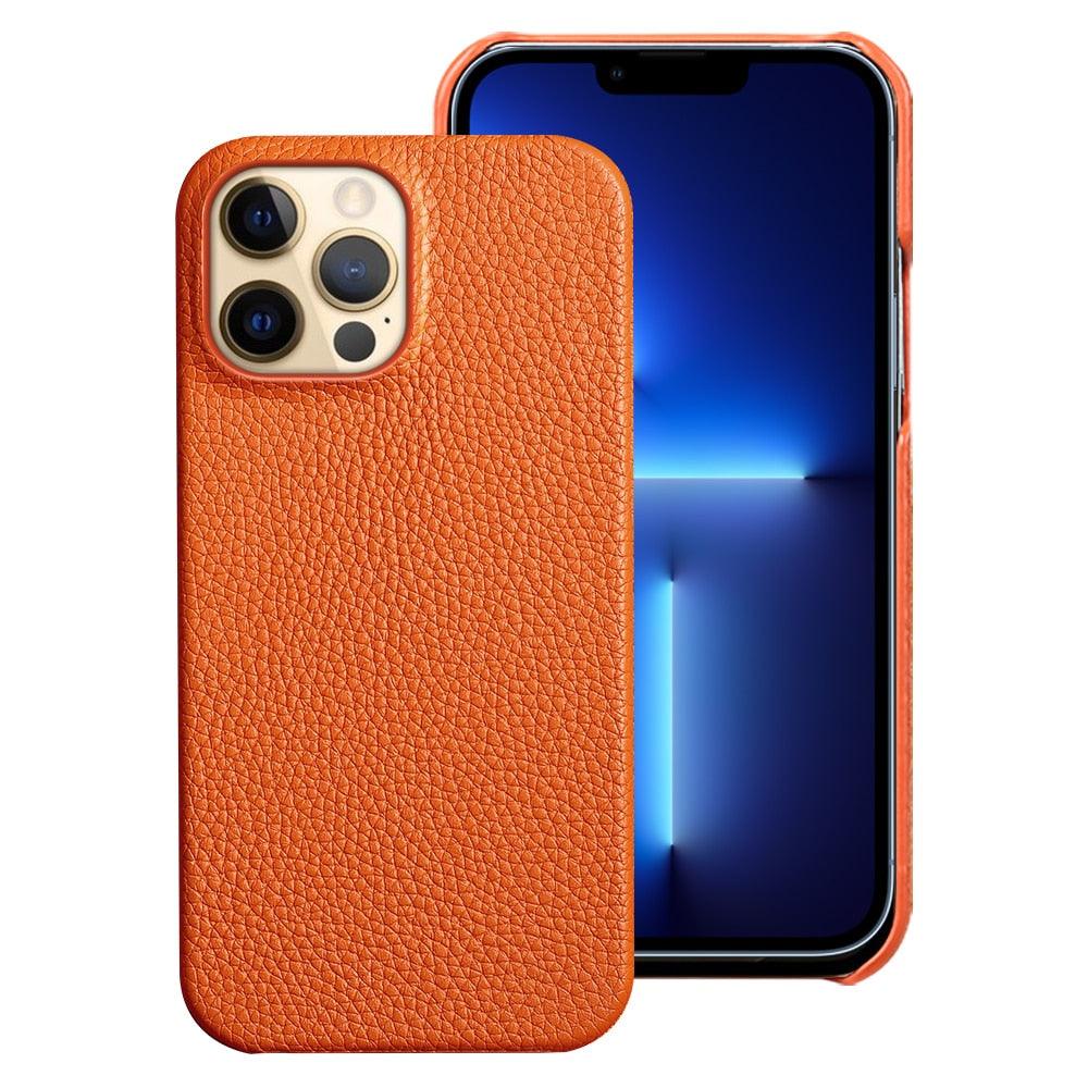 Coque de téléphone mobile en cuir véritable orange vif pour iPhone