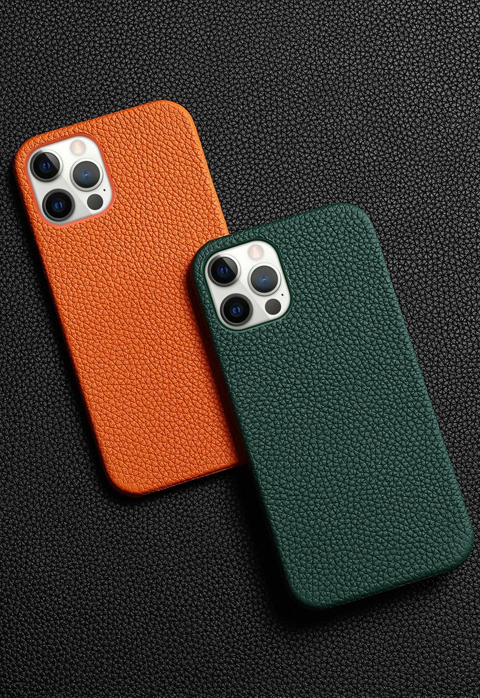 Coque de téléphone mobile en cuir véritable orange vif pour iPhone
