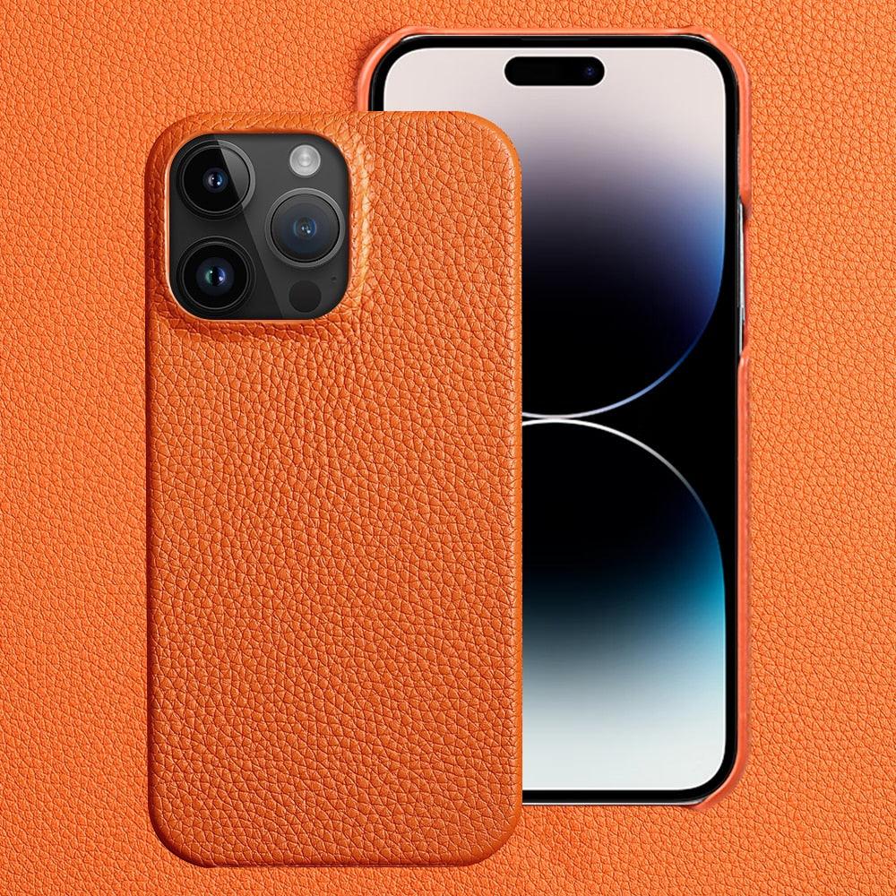 Coque de téléphone mobile en cuir véritable orange vif pour iPhone