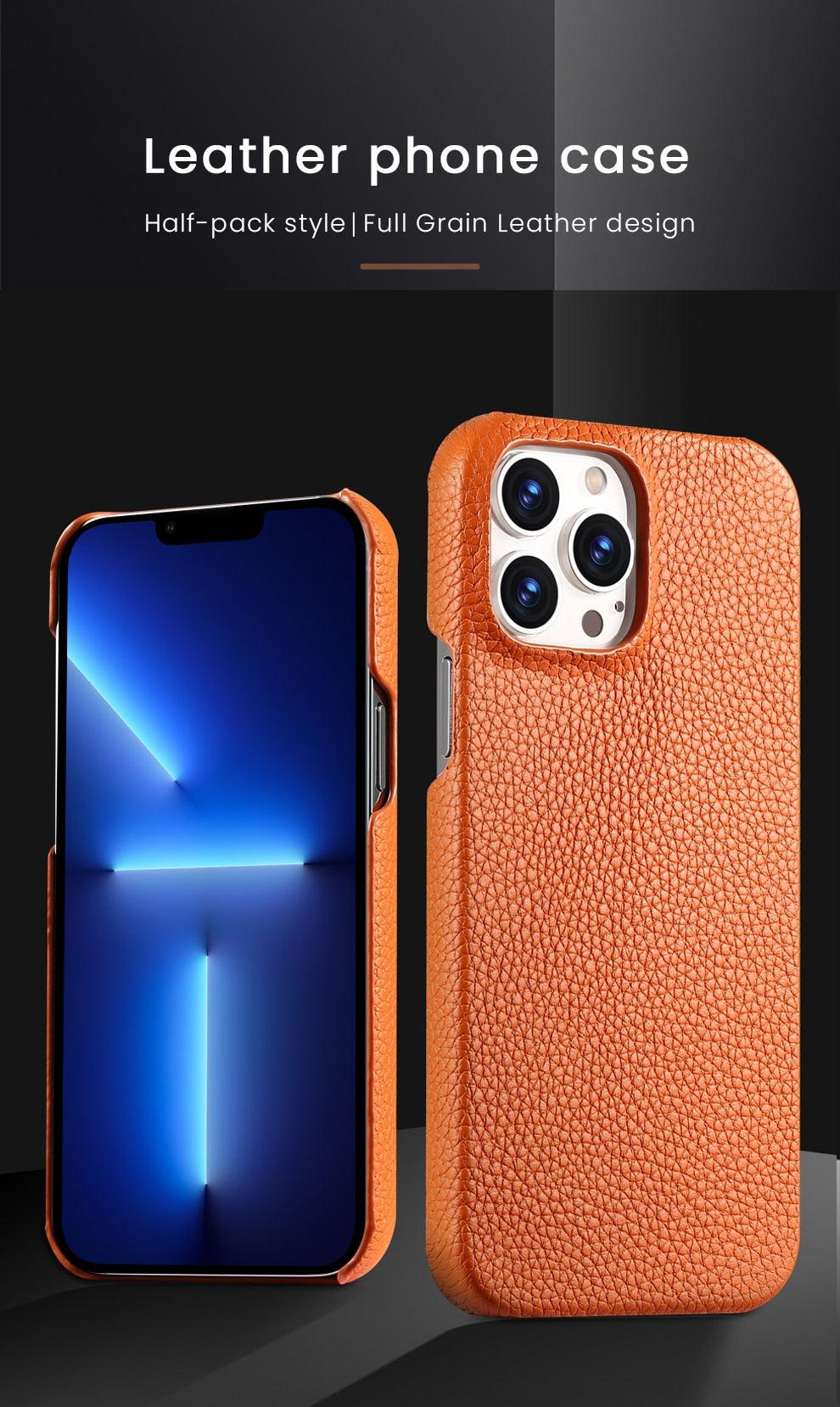 Coque de téléphone mobile en cuir véritable orange vif pour iPhone