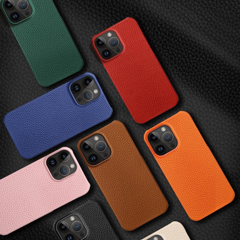 Coque de téléphone mobile en cuir véritable orange vif pour iPhone
