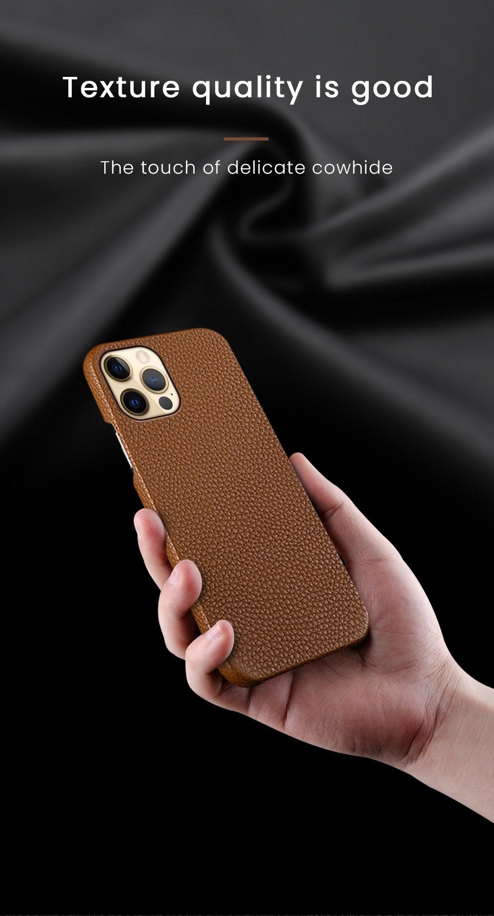 Coque de téléphone mobile en cuir véritable orange vif pour iPhone
