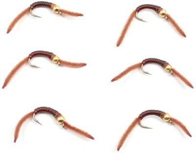 San Juan Bead Head Power Worm - Brown V-Rib - 6 Size 10 Trout Flies - Korvel