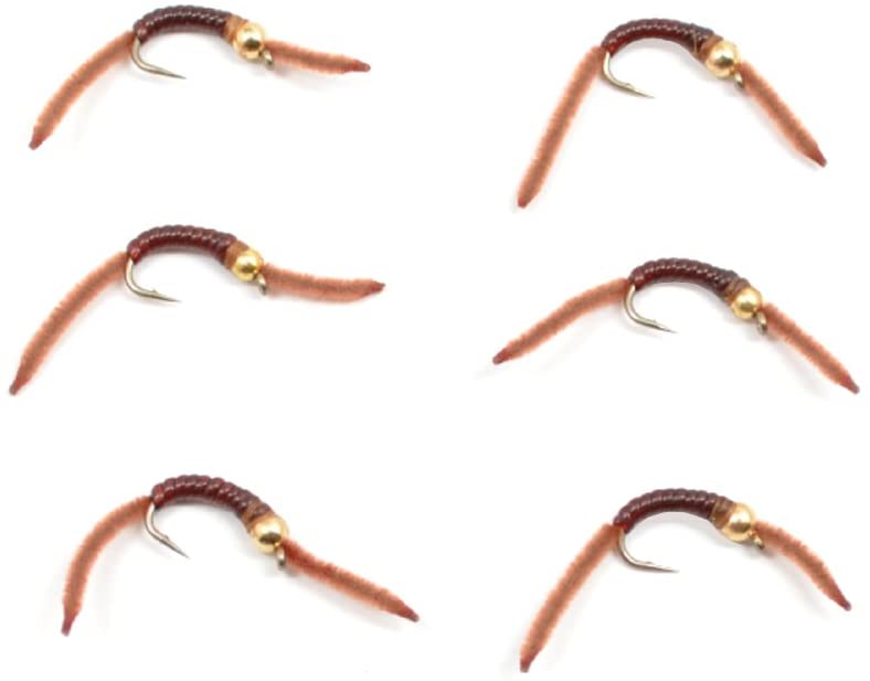 Brown V-Rib San Juan Bead Head Power Worm - 6 Size 12 Flies - Korvel