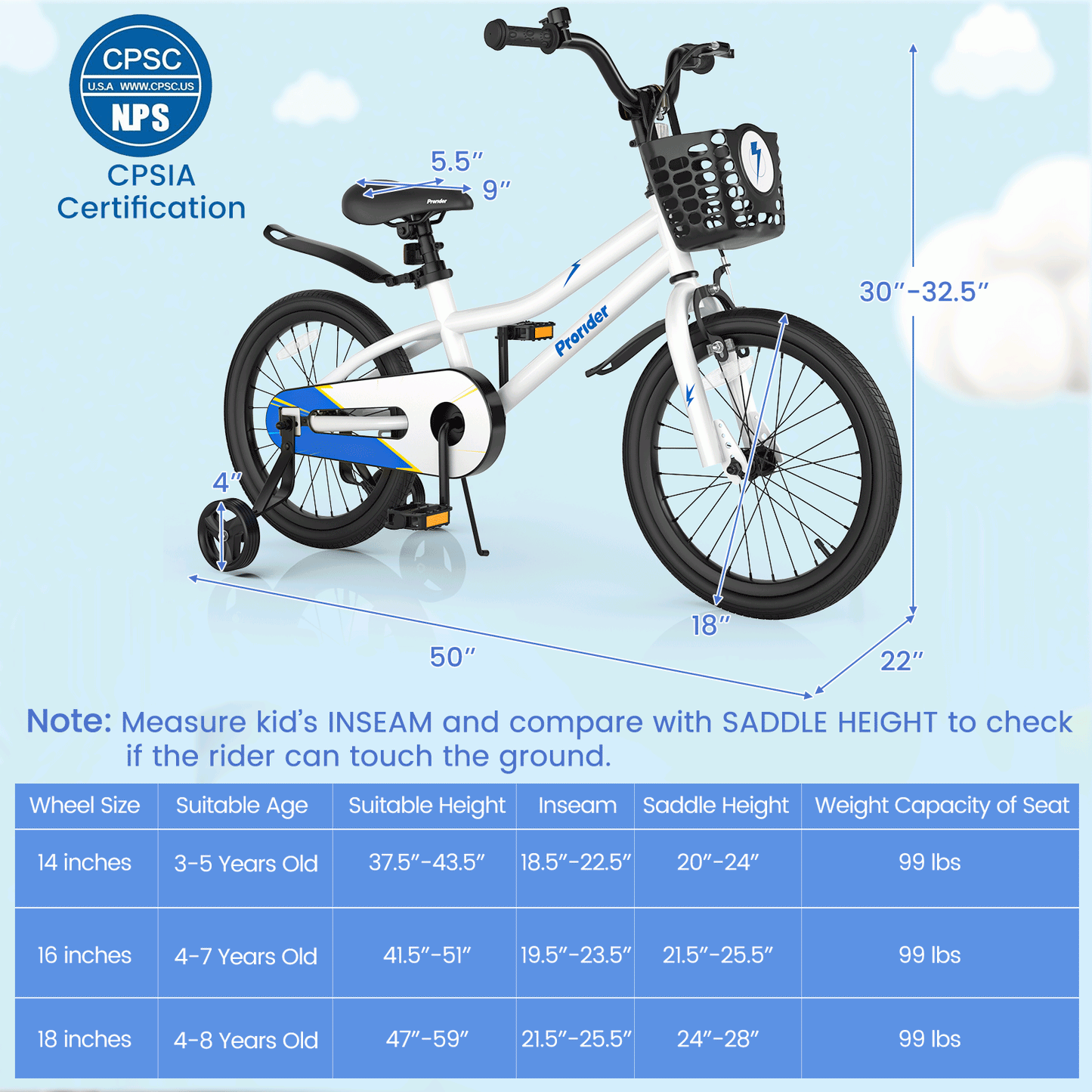Bicicleta para Niños de 18 Pies con Ruedas de Entrenamiento Removibles - Blanca