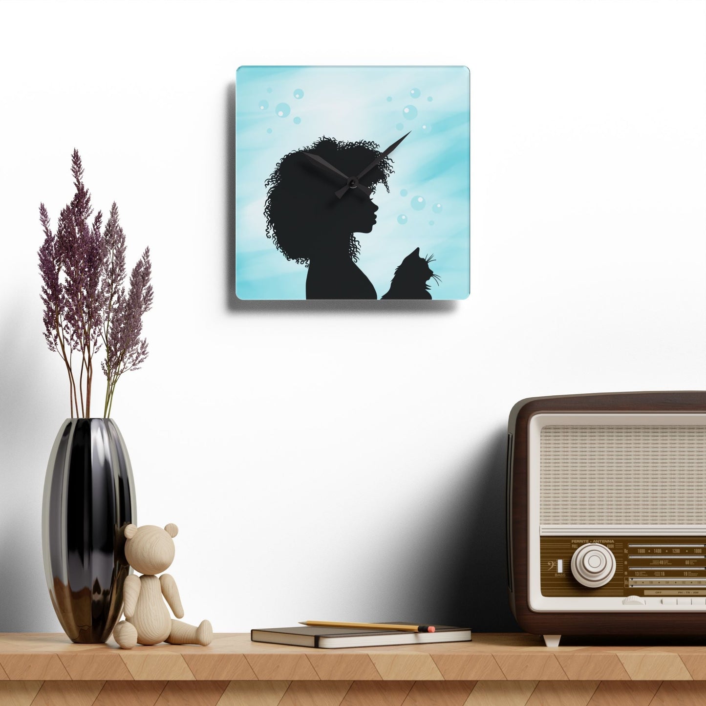 Reloj de pared acrílico Bubbles Cat Lady