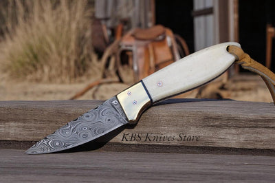 DUSTBONE EDGE – Authentic Cowboy Buckaroo Knife with Raindrops Damascus & Deer Bone Handle - Korvel