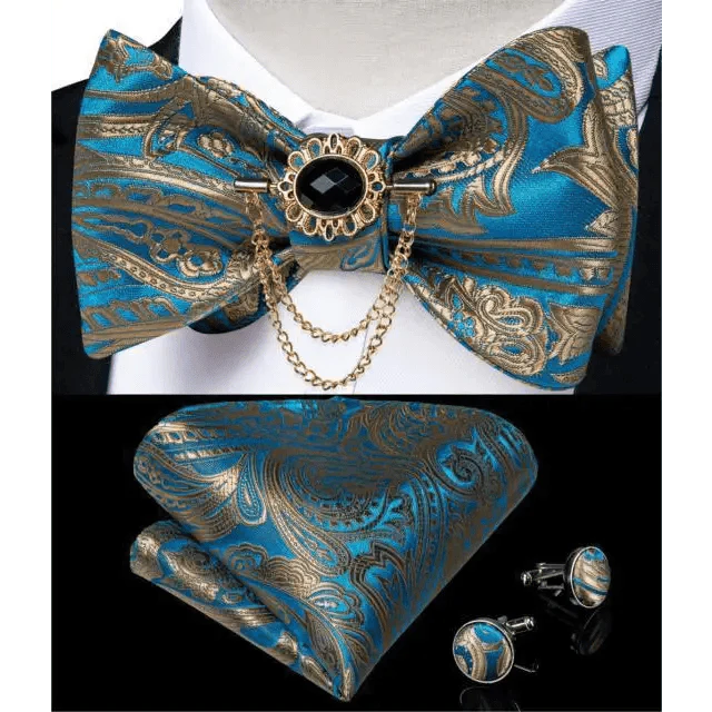 Elegant Gold and Black Pattern Silk Bowtie Set for Men