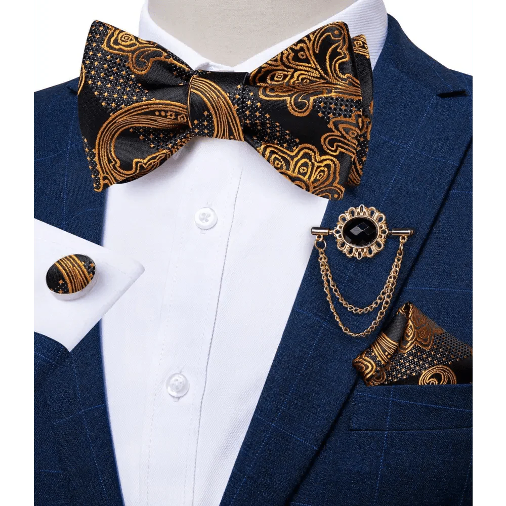 Elegant Gold and Black Pattern Silk Bowtie Set for Men