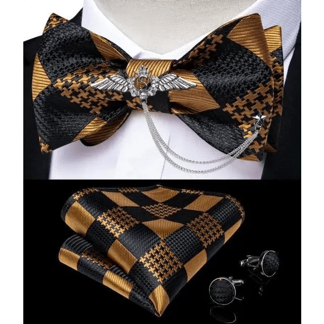 Elegant Gold and Black Pattern Silk Bowtie Set for Men