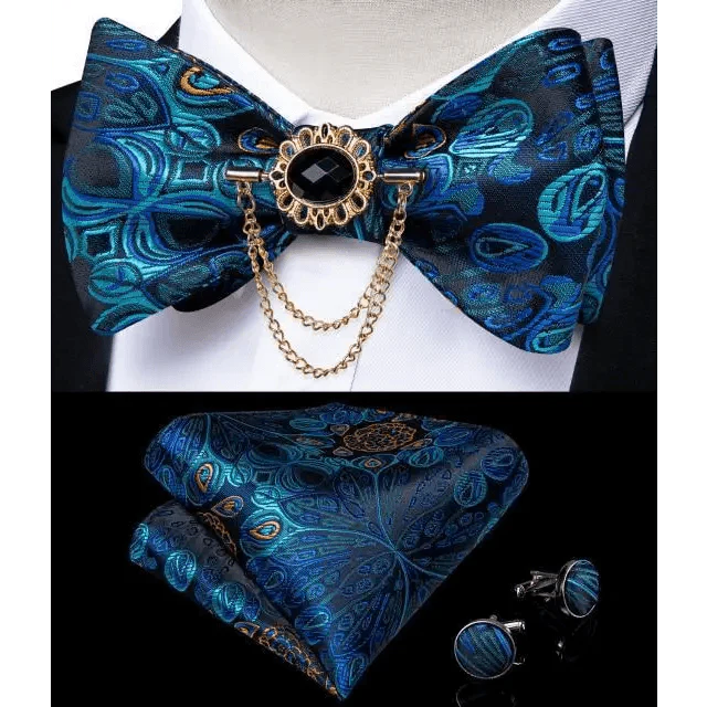 Elegant Gold and Black Pattern Silk Bowtie Set for Men