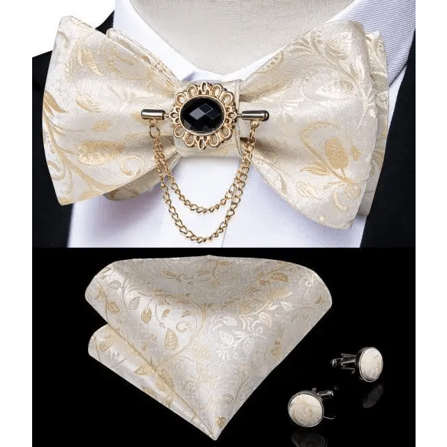 Elegant Gold and Black Pattern Silk Bowtie Set for Men