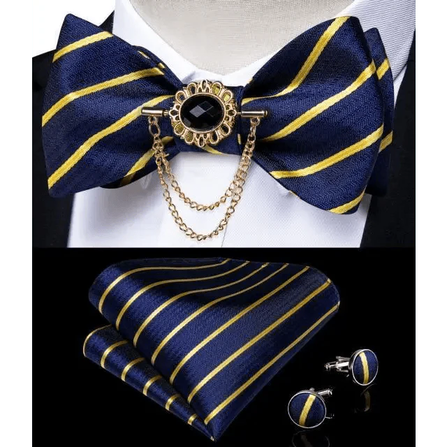 Elegant Gold and Black Pattern Silk Bowtie Set for Men