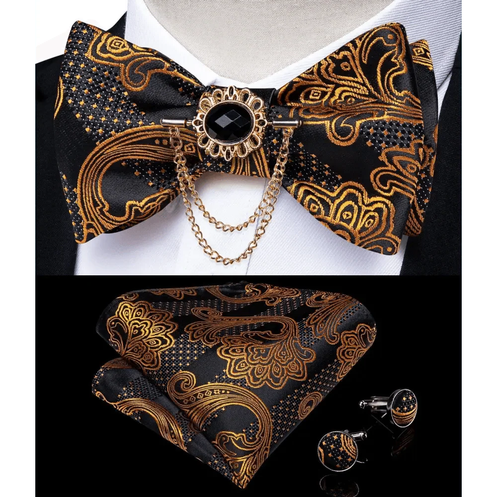 Elegant Gold and Black Pattern Silk Bowtie Set for Men