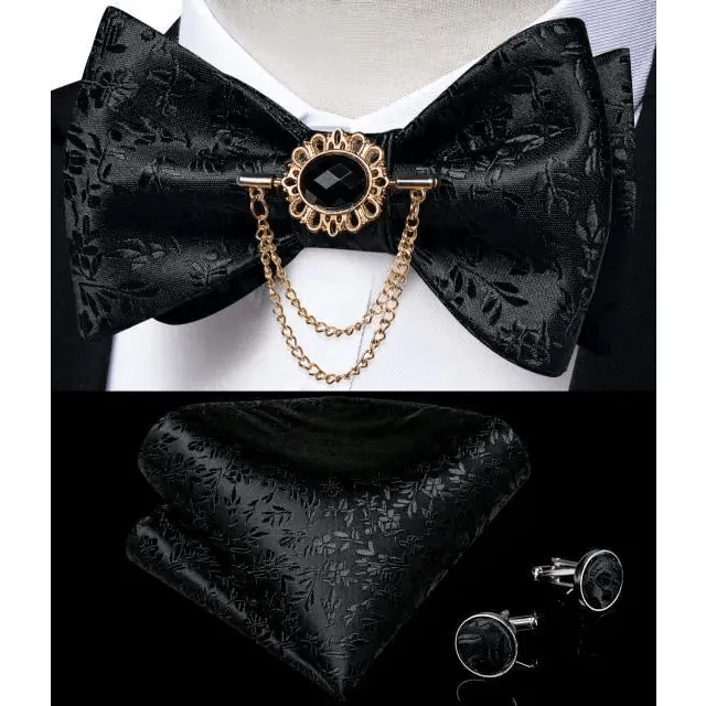 Elegant Gold and Black Pattern Silk Bowtie Set for Men