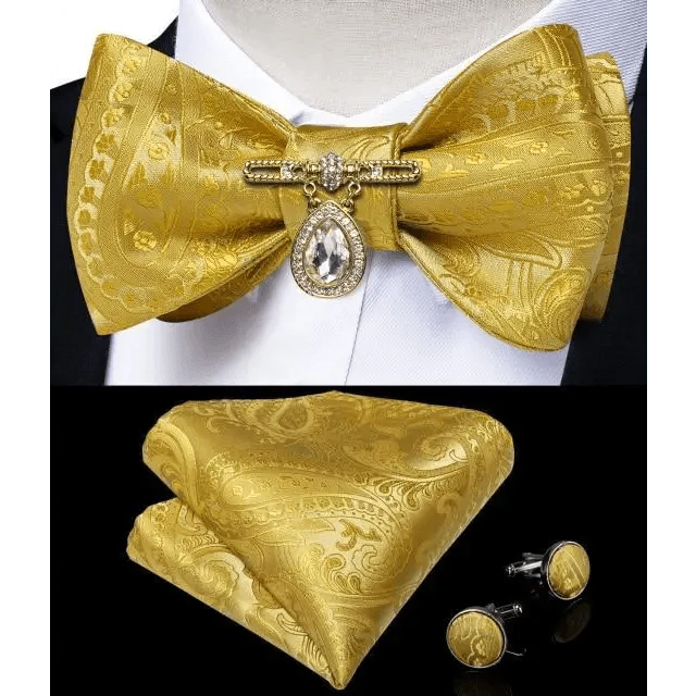 Elegant Gold and Black Pattern Silk Bowtie Set for Men