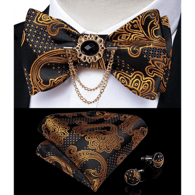 Elegant Gold and Black Pattern Silk Bowtie Set for Men