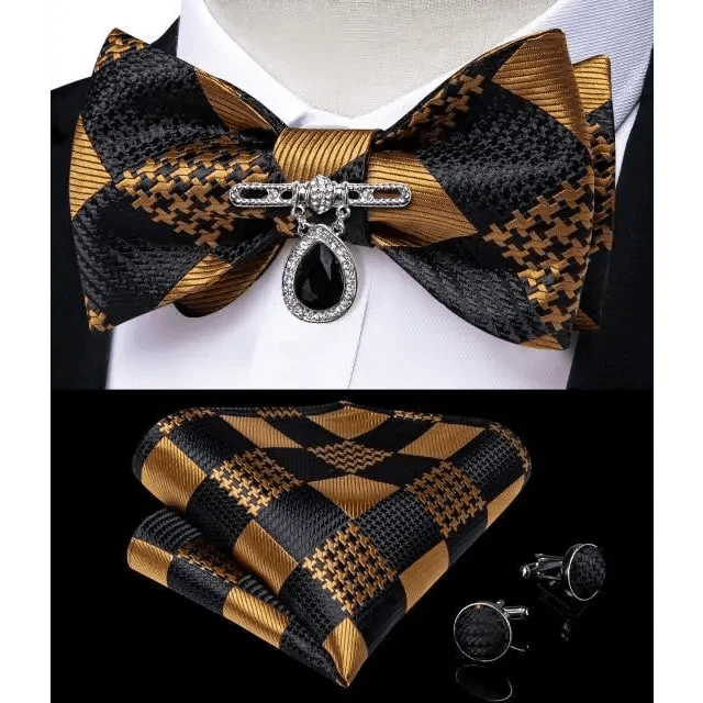 Elegant Gold and Black Pattern Silk Bowtie Set for Men
