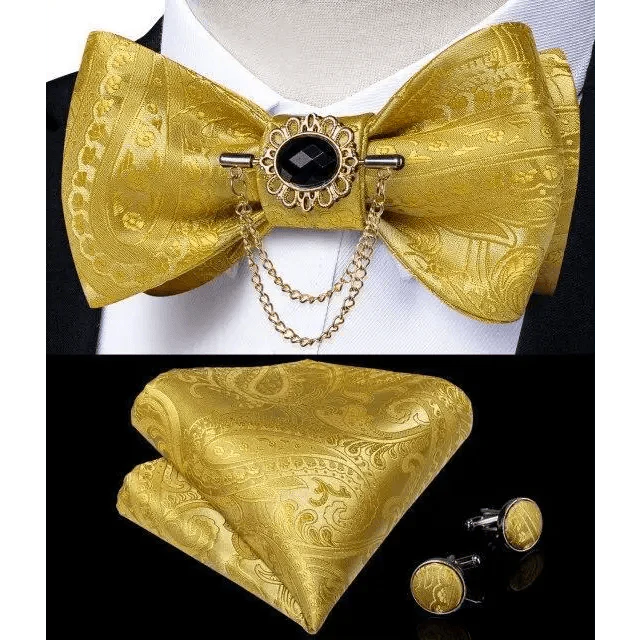 Elegant Gold and Black Pattern Silk Bowtie Set for Men