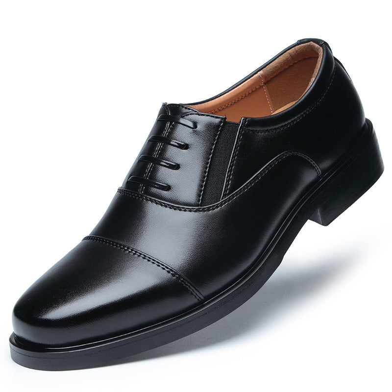 Business formal men's three pointed captain standard leather shoes, security black casual shoes - Korvel